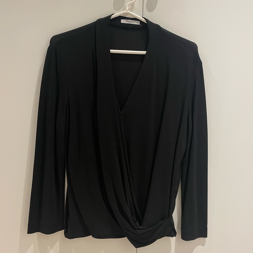 M.M. Lafleur ‘The Deneuve’ Crepe Wrap Top Black Size M